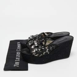 Pre Owned Dolce & Gabbana Black Lace Crystal Embellished Platform Wedge Slide Sandals Size 39