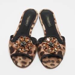 Pre Owned Dolce & Gabbana Brown Leaopard Print Fabric Bellucci Slide Flats Size 35.5