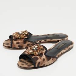 Pre Owned Dolce & Gabbana Brown Leaopard Print Fabric Bellucci Slide Flats Size 35.5