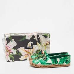 Pre Owned Dolce & Gabbana Green/White Floral Print Satin Embellished Espadrille Flats Size 39