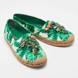 Pre Owned Dolce & Gabbana Green/White Floral Print Satin Embellished Espadrille Flats Size 39