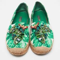Pre Owned Dolce & Gabbana Green/White Floral Print Satin Embellished Espadrille Flats Size 39