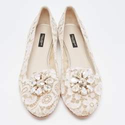 Pre Owned Dolce & Gabbana White Lace Crystal Embellishments Ballet Flats Size 41