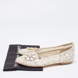 Pre Owned Dolce & Gabbana White Lace Crystal Embellishments Ballet Flats Size 41