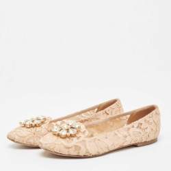 Pre Owned Dolce & Gabbana Blush Pink Lace Crystal Embellished Ballet Flats Size 37.5