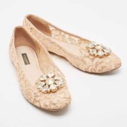 Pre Owned Dolce & Gabbana Blush Pink Lace Crystal Embellished Ballet Flats Size 37.5