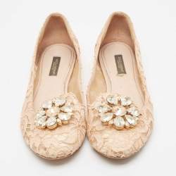 Pre Owned Dolce & Gabbana Blush Pink Lace Crystal Embellished Ballet Flats Size 37.5