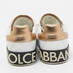 Pre Owned Dolce & Gabbana White/Gold Leather Portofino Low Top Sneakers Size 37.5