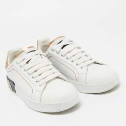 Pre Owned Dolce & Gabbana White/Gold Leather Portofino Low Top Sneakers Size 37.5