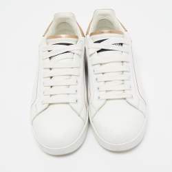 Pre Owned Dolce & Gabbana White/Gold Leather Portofino Low Top Sneakers Size 37.5