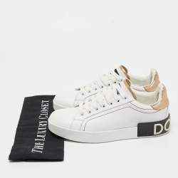Pre Owned Dolce & Gabbana White/Gold Leather Portofino Low Top Sneakers Size 37.5