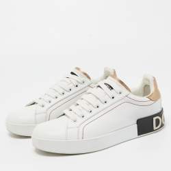 Pre Owned Dolce & Gabbana White/Gold Leather Portofino Low Top Sneakers Size 37.5