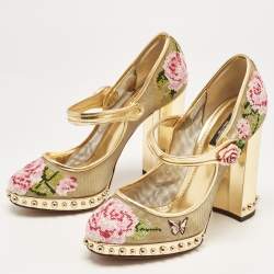 Pre Owned Dolce & Gabbana Gold Mesh and Leather Floral Print Studded Accents Mary Jane Block Heel Pumps Size 40