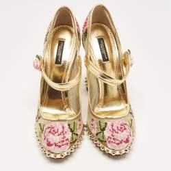 Pre Owned Dolce & Gabbana Gold Mesh and Leather Floral Print Studded Accents Mary Jane Block Heel Pumps Size 40