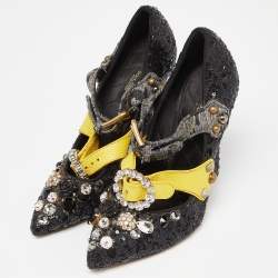 Pre Owned Dolce & Gabbana Black Sequins Crystal Embellished Mary Jane Pumps Size 37