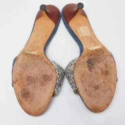 Dolce & Gabbana Blue/White Tweed and Denim Slide Sandals Size 38.5