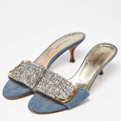 Dolce & Gabbana Blue/White Tweed and Denim Slide Sandals Size 38.5
