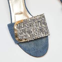Dolce & Gabbana Blue/White Tweed and Denim Slide Sandals Size 38.5