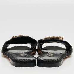 Pre Owned Dolce & Gabbana Brown/Black Leopard Print Coated Canvas Crystal Embellished Flat Slides Size 37