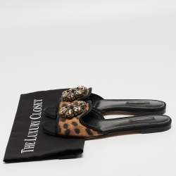 Pre Owned Dolce & Gabbana Brown/Black Leopard Print Coated Canvas Crystal Embellished Flat Slides Size 37