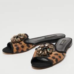 Pre Owned Dolce & Gabbana Brown/Black Leopard Print Coated Canvas Crystal Embellished Flat Slides Size 37