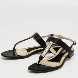 Pre Owned Dolce & Gabbana Black Satin Crystal Embellished Thong Flat Sandals Size 37.5