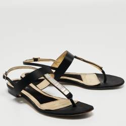 Pre Owned Dolce & Gabbana Black Satin Crystal Embellished Thong Flat Sandals Size 37.5