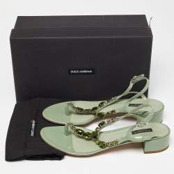 Pre Owned Dolce & Gabbana Green Patent Leather Crystal Embellished Thong Sandals Size 40