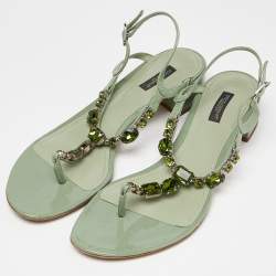 Pre Owned Dolce & Gabbana Green Patent Leather Crystal Embellished Thong Sandals Size 40