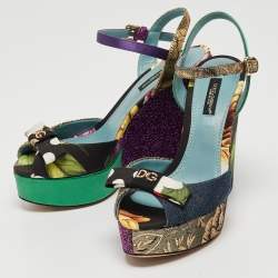 Pre Owned Dolce & Gabbana Multicolor Fabric and Leather Platform Wedge Ankle Strap Sandals Size 36.5