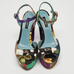 Pre Owned Dolce & Gabbana Multicolor Fabric and Leather Platform Wedge Ankle Strap Sandals Size 36.5