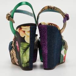 Pre Owned Dolce & Gabbana Multicolor Fabric and Leather Platform Wedge Ankle Strap Sandals Size 36.5