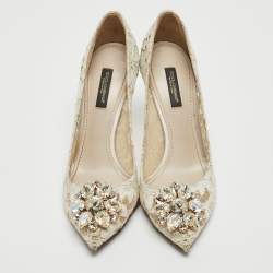 Pre Owned Dolce & Gabbana Grey Lace And Satin Bellucci Pumps Size 37