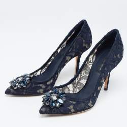 Pre Owned Dolce & Gabbana Navy Blue Lace and Mesh Bellucci Pumps Size 37.5