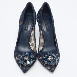 Pre Owned Dolce & Gabbana Navy Blue Lace and Mesh Bellucci Pumps Size 37.5