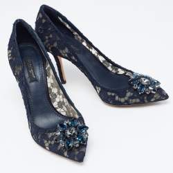 Pre Owned Dolce & Gabbana Navy Blue Lace and Mesh Bellucci Pumps Size 37.5