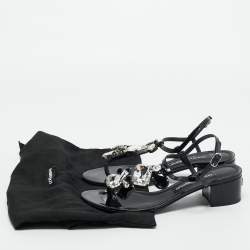 Pre Owned Dolce & Gabbana Black Patent Leather Crystal Embellished Ankle Strap Sandals Size 37