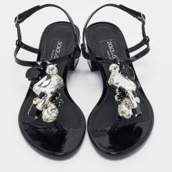Pre Owned Dolce & Gabbana Black Patent Leather Crystal Embellished Ankle Strap Sandals Size 37