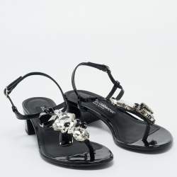 Pre Owned Dolce & Gabbana Black Patent Leather Crystal Embellished Ankle Strap Sandals Size 37