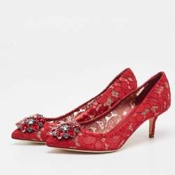 Pre Owned Dolce & Gabbana Red Mesh and Lace Crystal Embellished Belluci Pumps Size 37.5