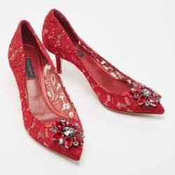 Pre Owned Dolce & Gabbana Red Mesh and Lace Crystal Embellished Belluci Pumps Size 37.5
