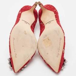Pre Owned Dolce & Gabbana Red Mesh and Lace Crystal Embellished Belluci Pumps Size 37.5