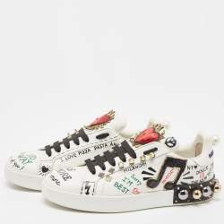 Pre Owned Dolce & Gabbana White Leather Portofino Graffiti Heart Applique Low top Sneakers Size 39