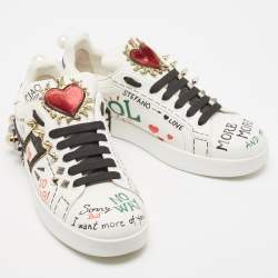 Pre Owned Dolce & Gabbana White Leather Portofino Graffiti Heart Applique Low top Sneakers Size 39