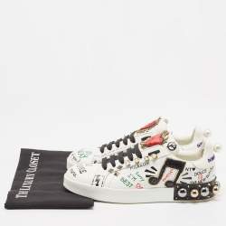 Pre Owned Dolce & Gabbana White Leather Portofino Graffiti Heart Applique Low top Sneakers Size 39