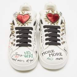 Pre Owned Dolce & Gabbana White Leather Portofino Graffiti Heart Applique Low top Sneakers Size 39