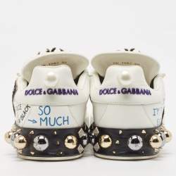 Pre Owned Dolce & Gabbana White Leather Portofino Graffiti Heart Applique Low top Sneakers Size 39