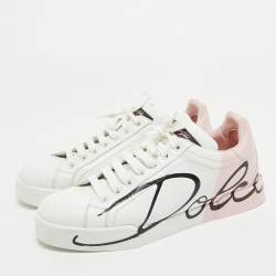 Pre Owned Dolce & Gabbana White/Mauve Leather Portofino Low Top Sneakers Size 39