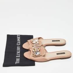 Pre Owned Dolce & Gabbana Pink Lizard Embossed Leather Crystal Embellished Bow Flat Slides Size 37