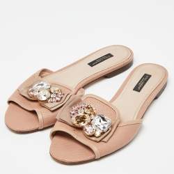 Pre Owned Dolce & Gabbana Pink Lizard Embossed Leather Crystal Embellished Bow Flat Slides Size 37